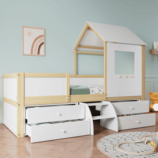 Cama de cabina 90x200 cm com barreira de segurança - com 4 gavetas e escada - em madeira de pinho e MDF - Branco e Natural