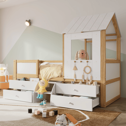 Cama de cabina 90x200 cm com barreira de segurança - com 4 gavetas e escada - em madeira de pinho e MDF - Branco e Natural