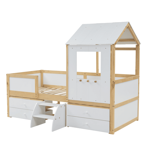 Cama de cabina 90x200 cm com barreira de segurança - com 4 gavetas e escada - em madeira de pinho e MDF - Branco e Natural