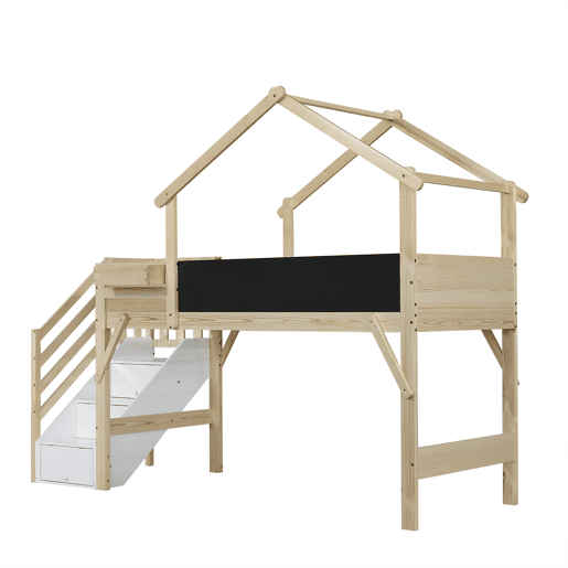 Cama mezzanine em madeira 90x200 cm - com ardósia e escada de arrumação - Natural