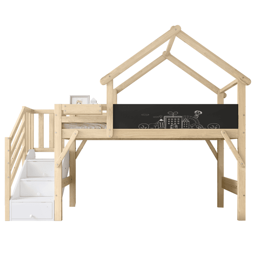 Cama mezzanine em madeira 90x200 cm - com ardósia e escada de arrumação - Natural