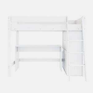 Cama alta de madeira 90x200 cm - com secretária e roupeiro modular - Branco