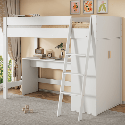 Cama alta de madeira 90x200 cm - com secretária e roupeiro modular - Branco