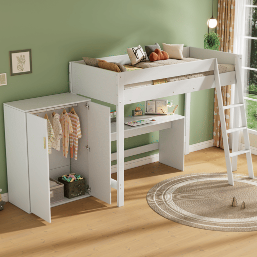 Cama alta de madeira 90x200 cm - com secretária e roupeiro modular - Branco
