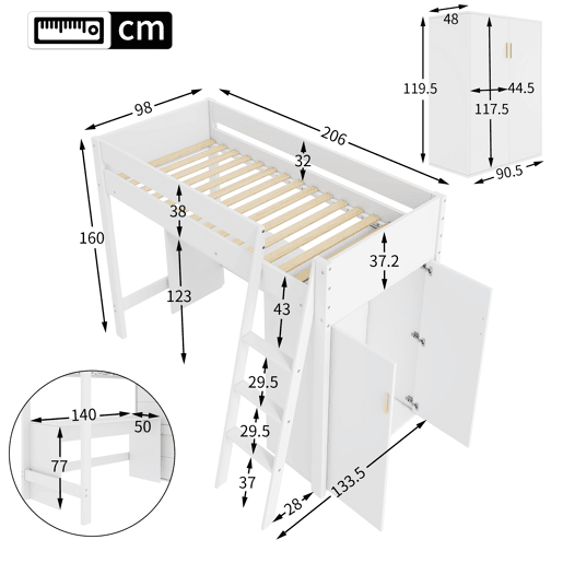 Cama alta de madeira 90x200 cm - com secretária e roupeiro modular - Branco