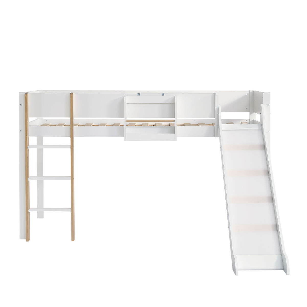 Cama alta 90x200 cm con estantes extraíbles - con escalera y tobogán - en madera de pino y mdf - blanco