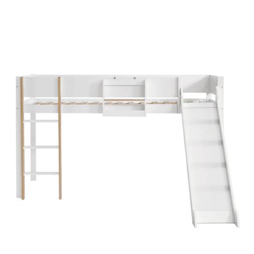 Cama alta 90x200 cm com prateleiras extraíveis - com escada e escorrega - em madeira de pinho e MDF - Branco