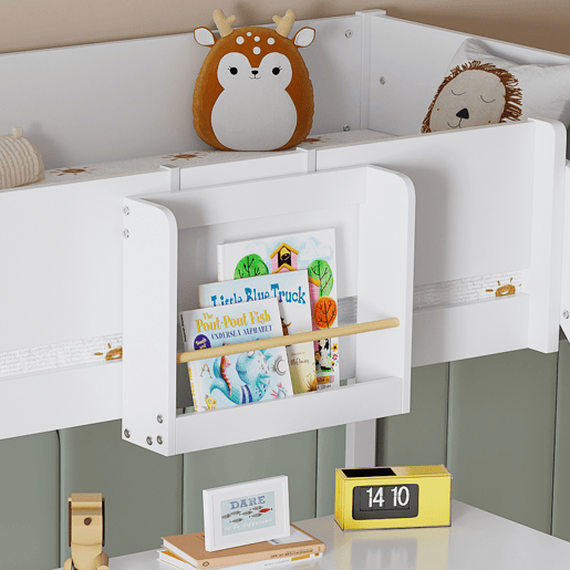 Cama alta 90x200 cm com prateleiras extraíveis - com escada e escorrega - em madeira de pinho e MDF - Branco