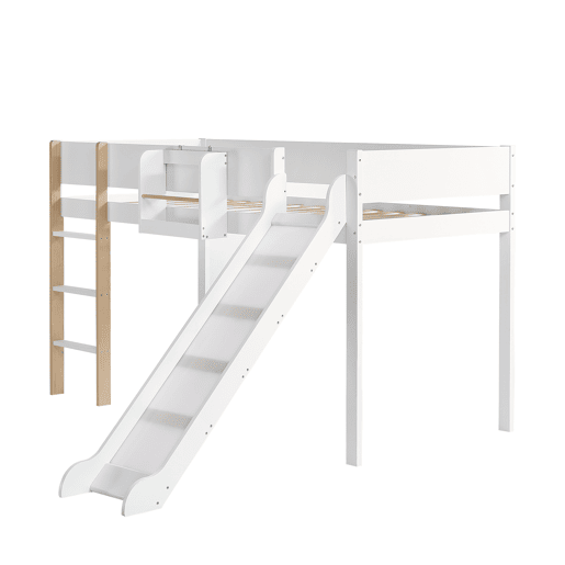 Cama alta 90x200 cm com prateleiras extraíveis - com escada e escorrega - em madeira de pinho e MDF - Branco