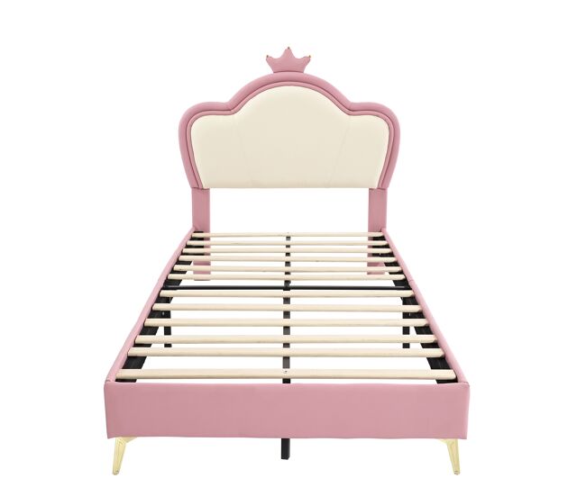Cama infantil 90x200cm en símil piel - diseño único - rosa y blanco