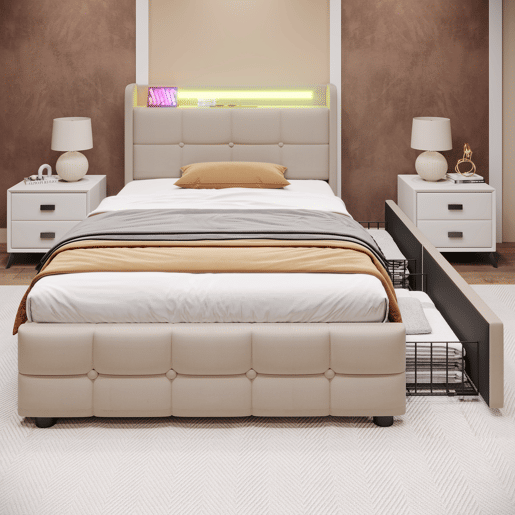 Cama estofada 90x200cm em linho - com LED e portas de carregamento USB - 2 gavetas - Bege
