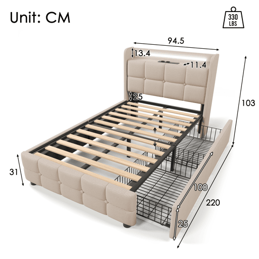 Cama estofada 90x200cm em linho - com LED e portas de carregamento USB - 2 gavetas - Bege