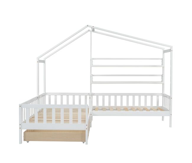 Cama cabina 90x200cm + 140x70cm de madera maciza - con cajones y estantes + somier - blanco