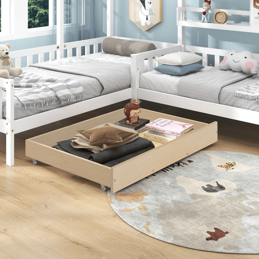 Cama de cabina 90x200cm + 140x70cm em madeira maciça - com gavetas e prateleiras + estrado - Branco Cama de cabina 90x200cm + 140x70cm em madeira maciça - com gavetas e prateleiras + estrado - Branco