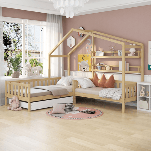 Cama de cabina 90x200cm + 140x70cm em madeira maciça - com gavetas e prateleiras + estrado - Natural