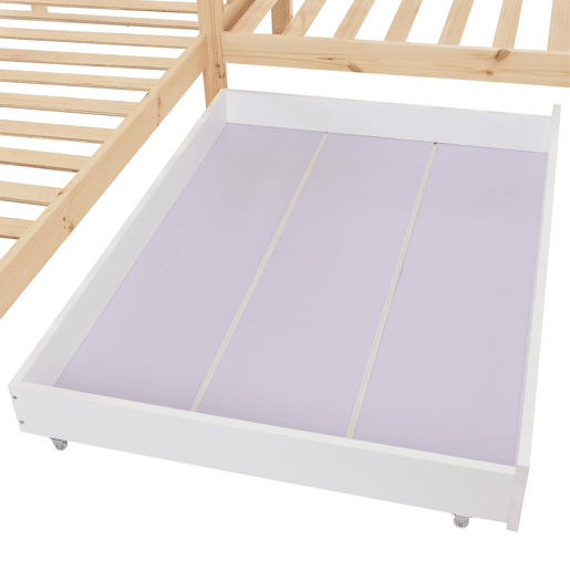 Cama de cabina 90x200cm + 140x70cm em madeira maciça - com gavetas e prateleiras + estrado - Natural