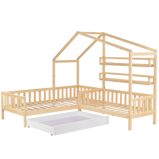 Cama de cabina 90x200cm + 140x70cm em madeira maciça - com gavetas e prateleiras + estrado - Natural