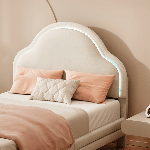 Cama de criança estofada em veludo com LED em várias cores - cabeceira em forma de nuvem - estrado de ripas de madeira - 90x200cm - Bege