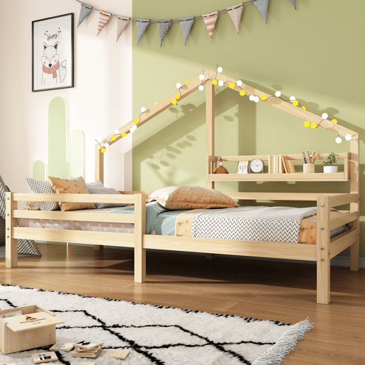 Cabine-cama 90x200cm em madeira maciça - com prateleiras - Natural