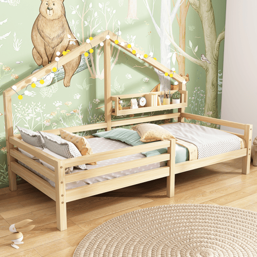 Cabine-cama 90x200cm em madeira maciça - com prateleiras - Natural