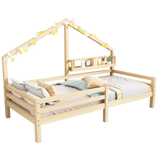 Cabine-cama 90x200cm em madeira maciça - com prateleiras - Natural
