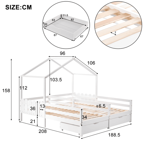 Cama-cabina em pinho maciço 2x90x200 cm - com 2 gavetas - Branco