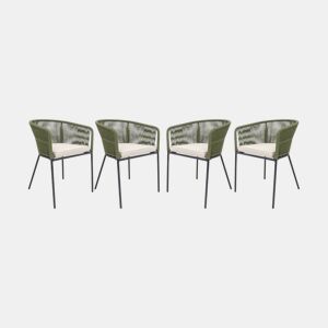 Cadeirão de jardim em corda e aço galvanizado, set de 4, Santos, Verde caqui, 56.5x59x79 cm