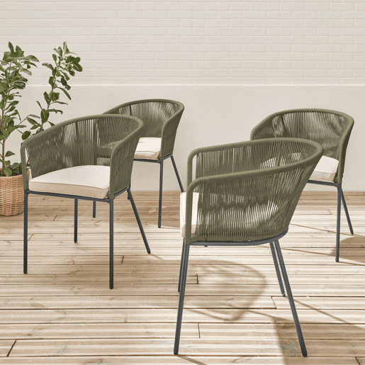 Cadeirão de jardim em corda e aço galvanizado, set de 4, Santos, Verde caqui, 56.5x59x79 cm