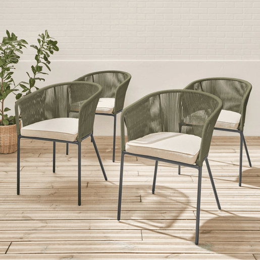 Cadeirão de jardim em corda e aço galvanizado, set de 4, Santos, Verde caqui, 56.5x59x79 cm