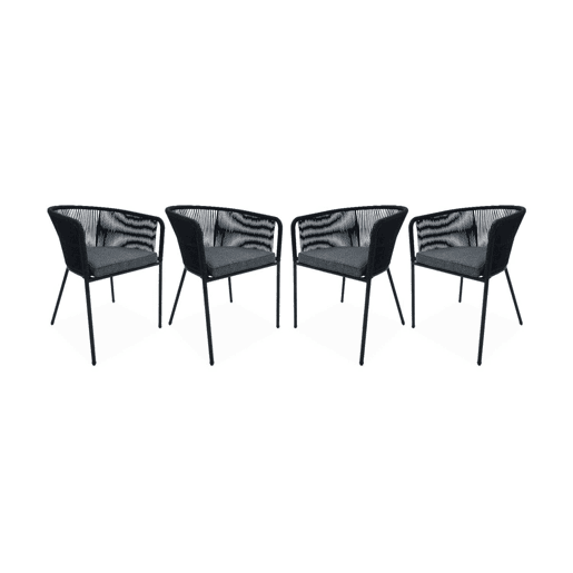 Cadeirão de jardim em corda e aço galvanizado, set de 4, Santos, Preto, 56.5x59x79 cm