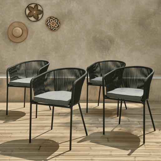 Cadeirão de jardim em corda e aço galvanizado, set de 4, Santos, Preto, 56.5x59x79 cm
