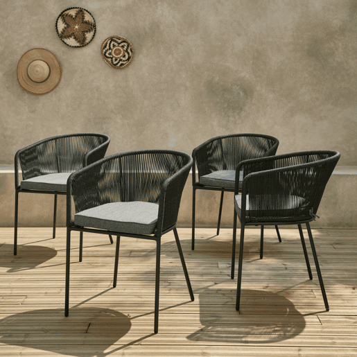 Cadeirão de jardim em corda e aço galvanizado, set de 4, Santos, Preto, 56.5x59x79 cm