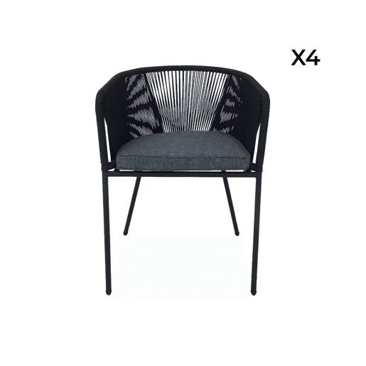 Cadeirão de jardim em corda e aço galvanizado, set de 4, Santos, Preto, 56.5x59x79 cm