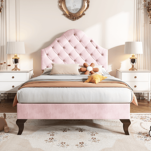 Cama estofada em veludo 90x200 cm com cabeceira regulável + estrado de molas - Rosa