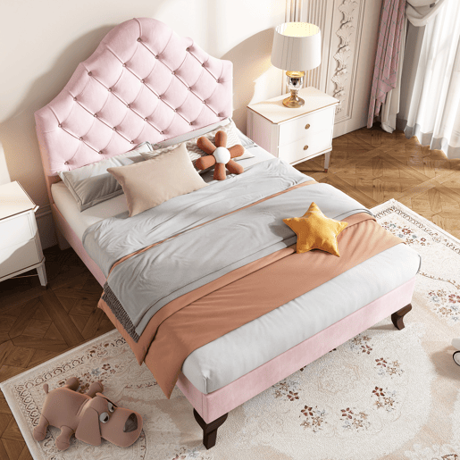 Cama estofada em veludo 90x200 cm com cabeceira regulável + estrado de molas - Rosa