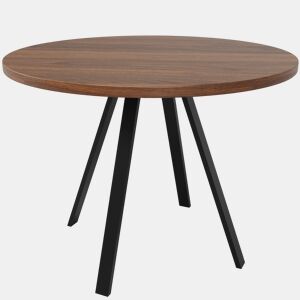 Mesa de jantar redonda moderna (80 cm de diâmetro), suporte de metal, tampo com efeito de grão de madeira, castanho