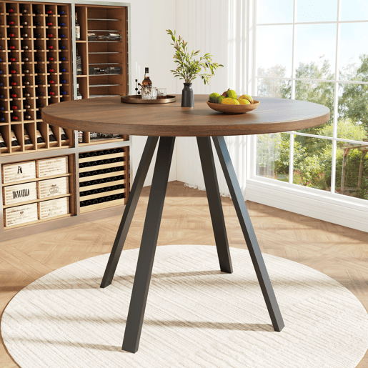 Mesa de jantar redonda moderna (80 cm de diâmetro), suporte de metal, tampo com efeito de grão de madeira, castanho