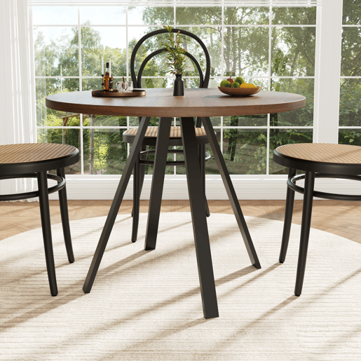 Mesa de jantar redonda moderna (80 cm de diâmetro), suporte de metal, tampo com efeito de grão de madeira, castanho