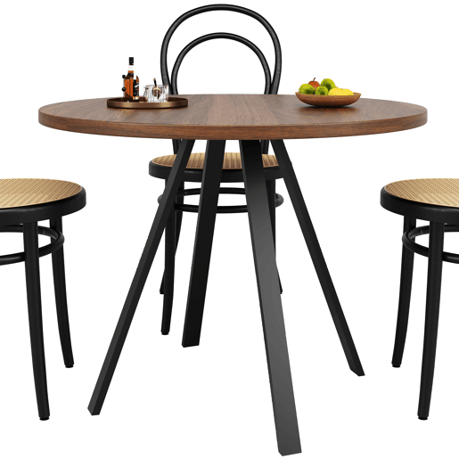 Mesa de jantar redonda moderna (80 cm de diâmetro), suporte de metal, tampo com efeito de grão de madeira, castanho