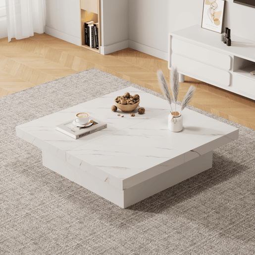 Mesa de centro quadrada com 4 gavetas - efeito mármore - Branco