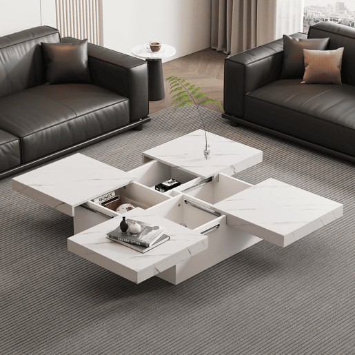 Mesa de centro quadrada com 4 gavetas - efeito mármore - Branco