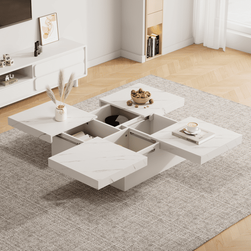 Mesa de centro quadrada com 4 gavetas - efeito mármore - Branco