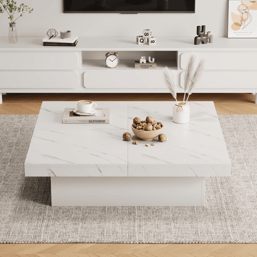 Mesa de centro quadrada com 4 gavetas - efeito mármore - Branco