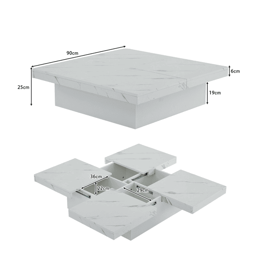 Mesa de centro quadrada com 4 gavetas - efeito mármore - Branco