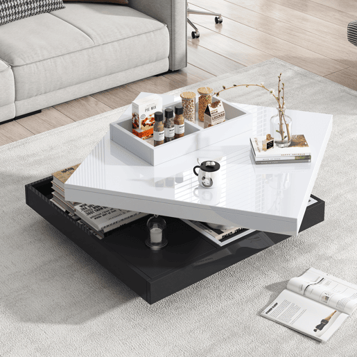 Mesa de centro com arrumação 70x70x36 cm - Tampo brilhante rotativo 360° - Preto e branco