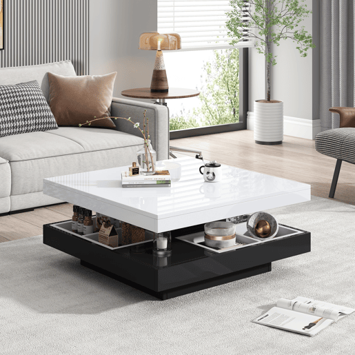 Mesa de centro com arrumação 70x70x36 cm - Tampo brilhante rotativo 360° - Preto e branco