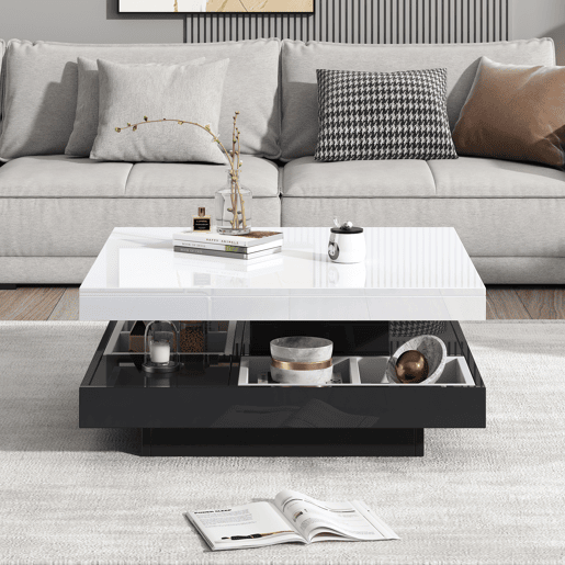 Mesa de centro com arrumação 70x70x36 cm - Tampo brilhante rotativo 360° - Preto e branco