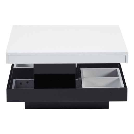Mesa de centro com arrumação 70x70x36 cm - Tampo brilhante rotativo 360° - Preto e branco