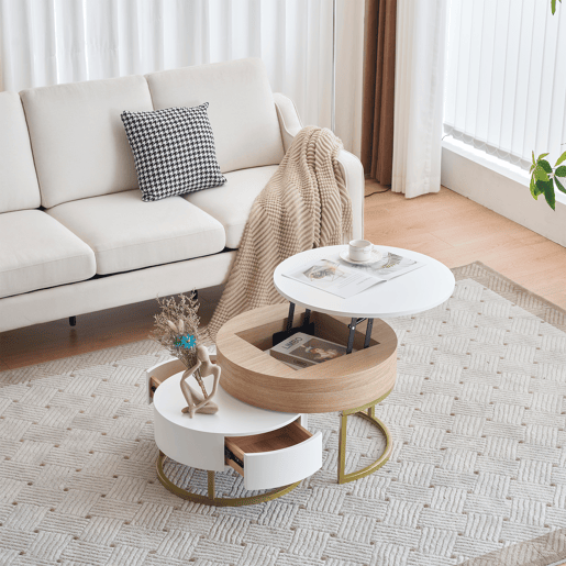 Conjunto de 2 mesas de encaixe - com 2 gavetas - em MDF - Natural e Branco - Conjunto de 2 mesas de encaixe - com 2 gavetas - em MDF - Natural e Branco