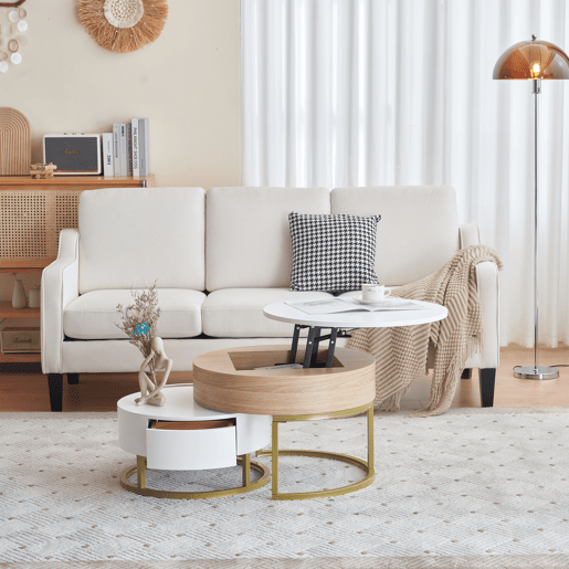 Conjunto de 2 mesas de encaixe - com 2 gavetas - em MDF - Natural e Branco - Conjunto de 2 mesas de encaixe - com 2 gavetas - em MDF - Natural e Branco